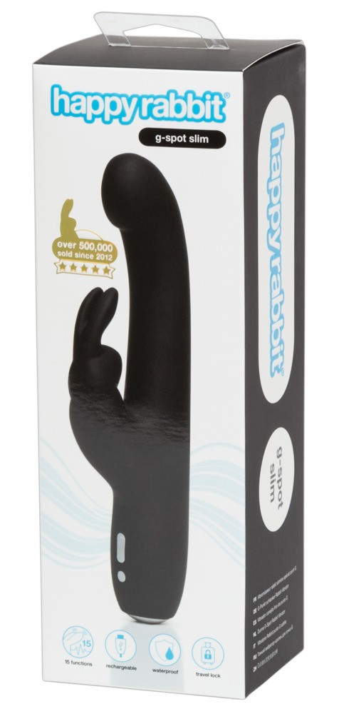 Happyrabbit G-Spot Slim - vodotěsný nabíjecí vibrátor s ramínkem na klitoris (černý)