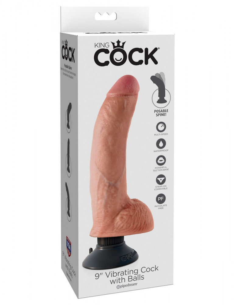 King Cock 9 ohebný vibrátor s varlaty a přísavkou (26cm)